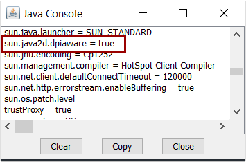 Java console. sun.java2d.dpiaware = true